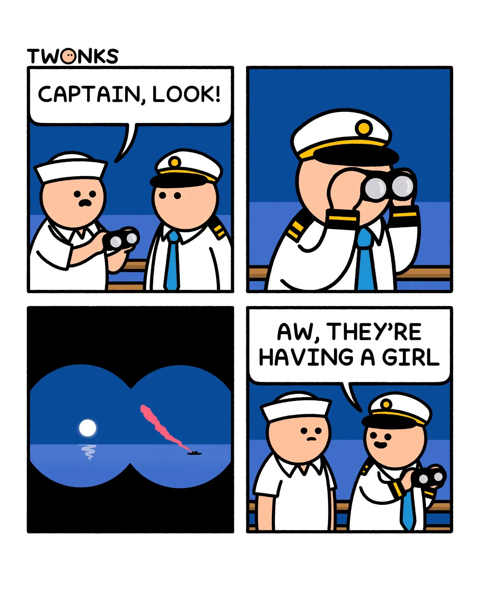 A sailor asks the captain to look through binoculars at a distant boat with a pink flare, and the captain mistakes it for a gender reveal.
