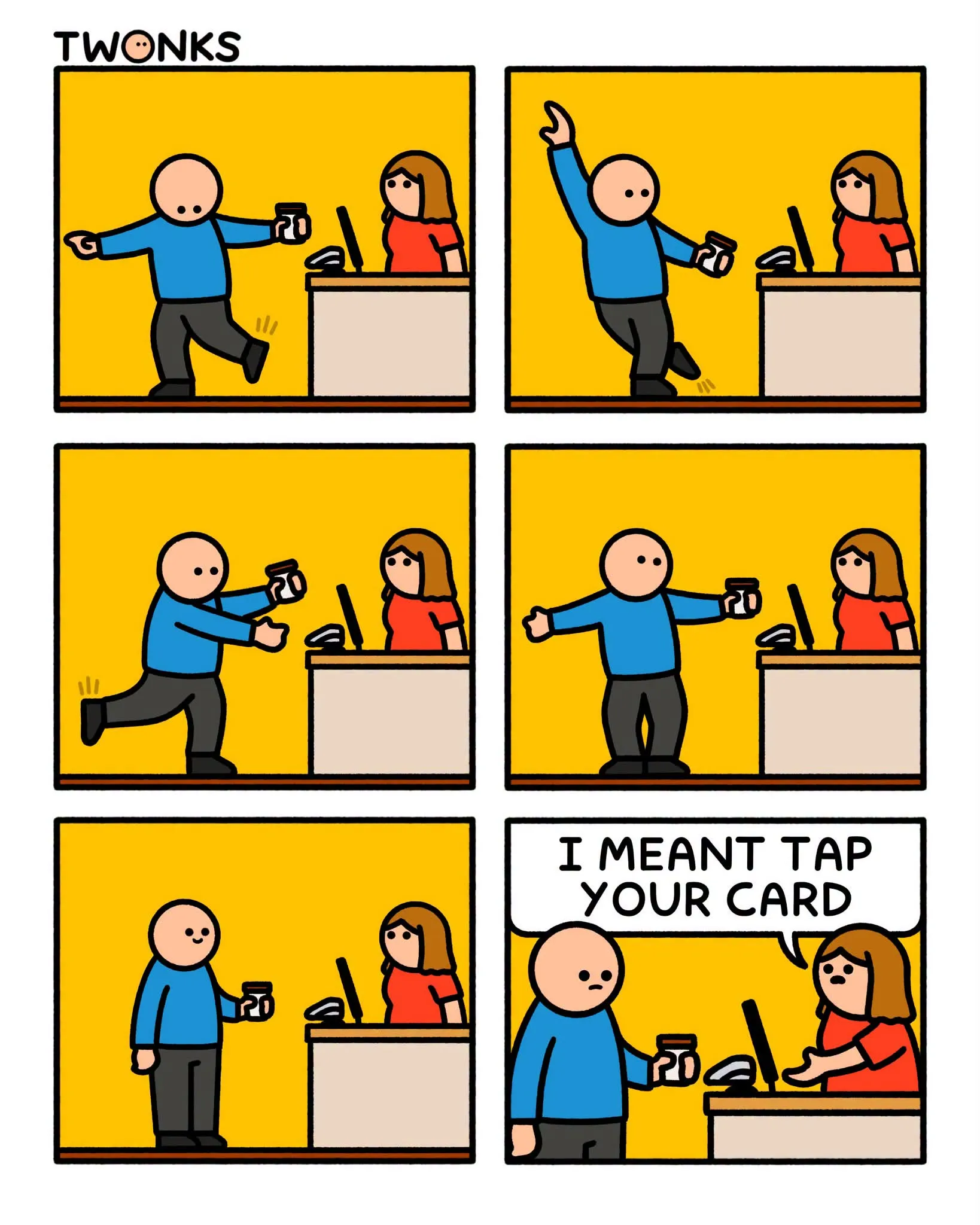 A customer dances enthusiastically while holding a payment card at a shop counter, before the cashier clarifies that he should tap the card on the reader.