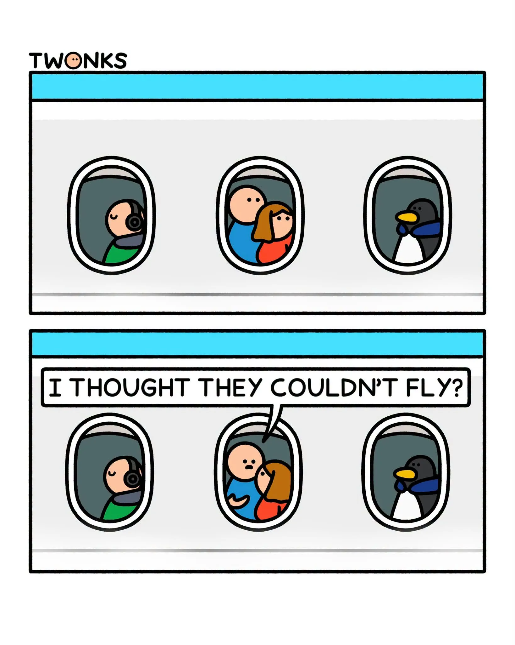 Airplane passengers look through three oval windows, including one showing a penguin, before a passenger asks whether penguins can fly.