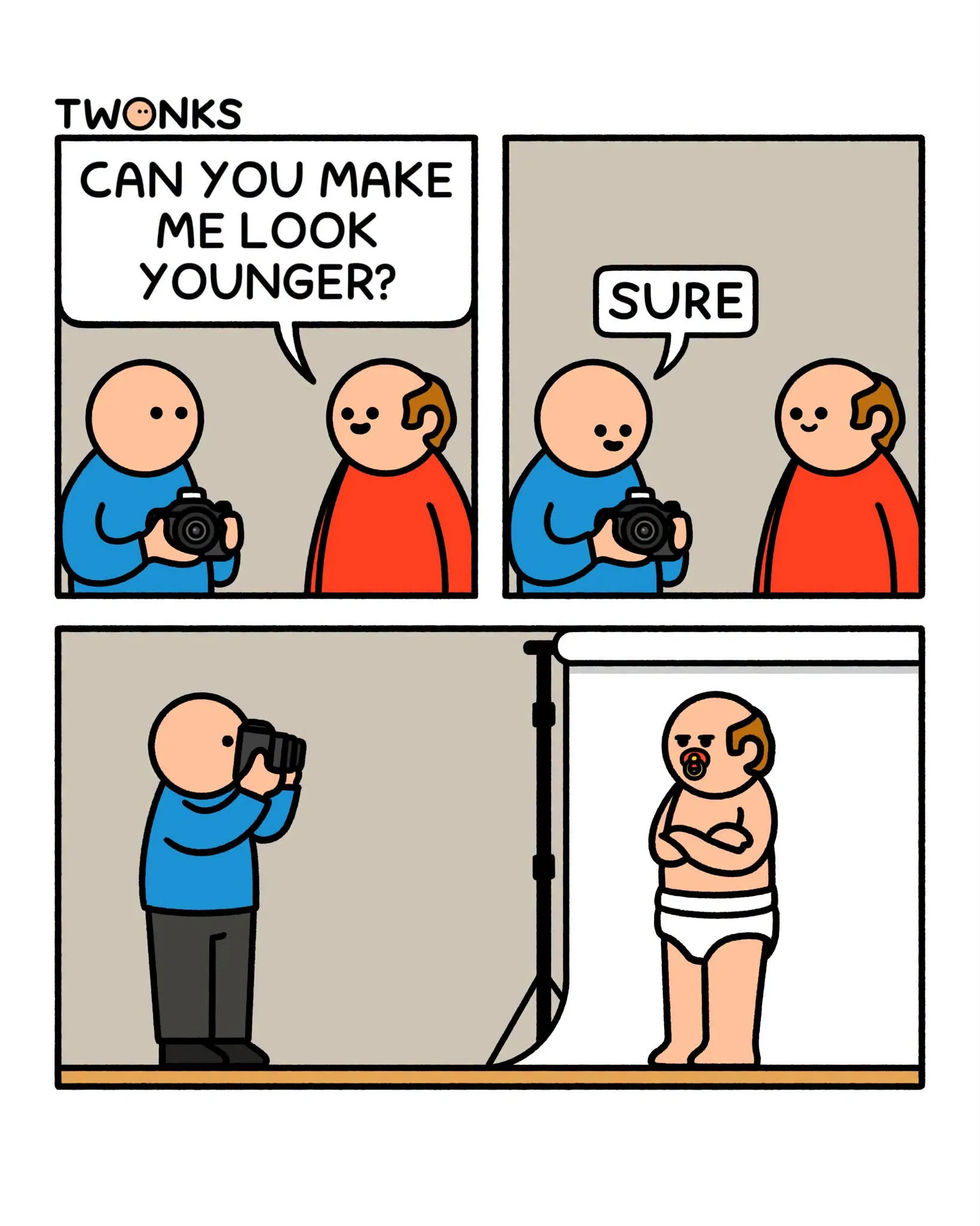 A photographer agrees to make a man look younger, and the final studio scene shows him posing like a baby in a diaper.