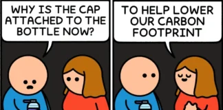 19 Funny Adult Comics From Twonks With Awkward Punchlines A man questions a bottle cap attached to its bottle; a woman explains the carbon footprint before a flying electric car appears.