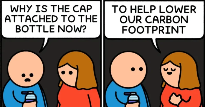 A man questions a bottle cap attached to its bottle; a woman explains the carbon footprint before a flying electric car appears.