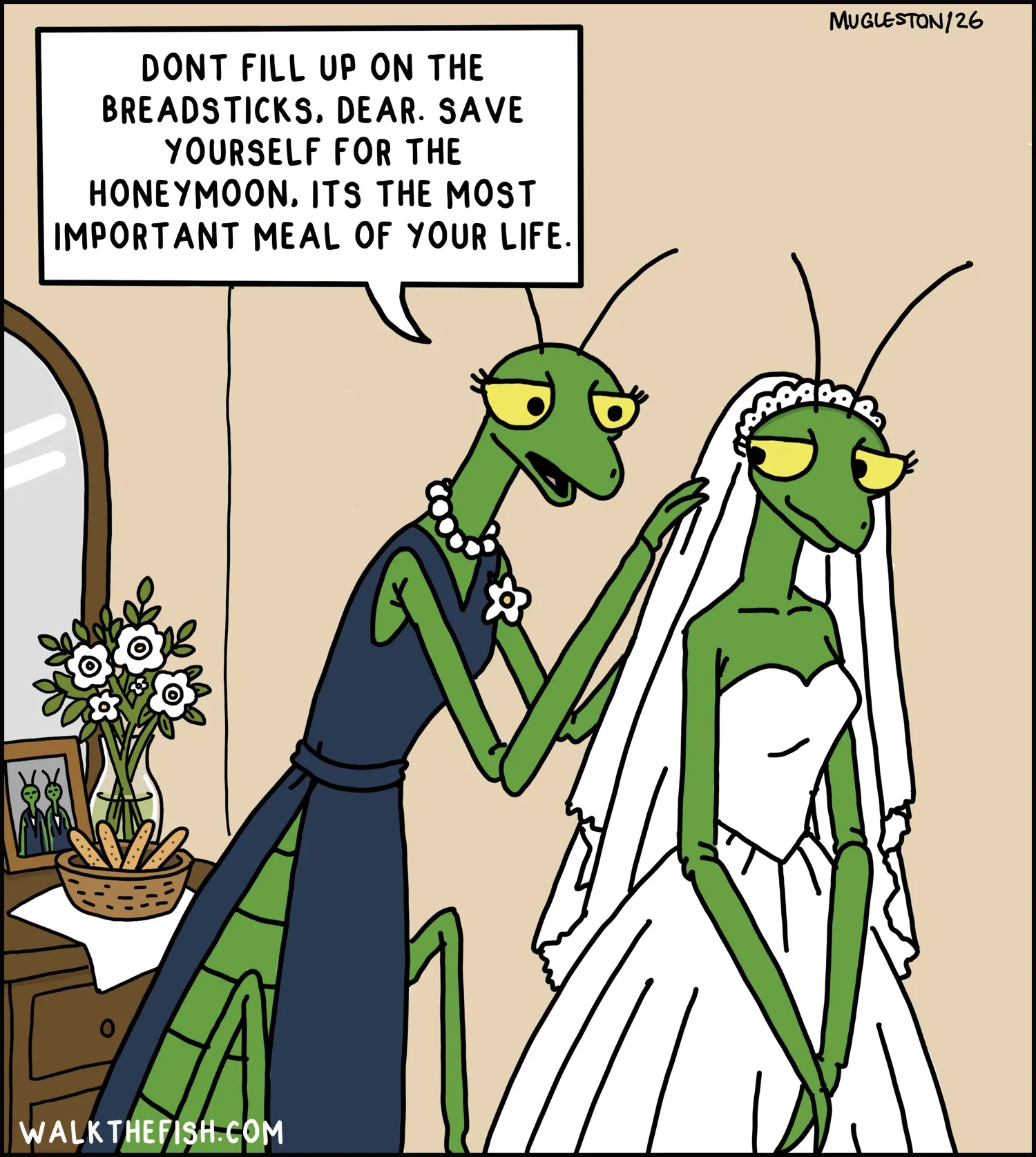 Walk the Fish Comic #1: Honeymoon Meal. A groom advises his bride to save her appetite for the honeymoon meal.