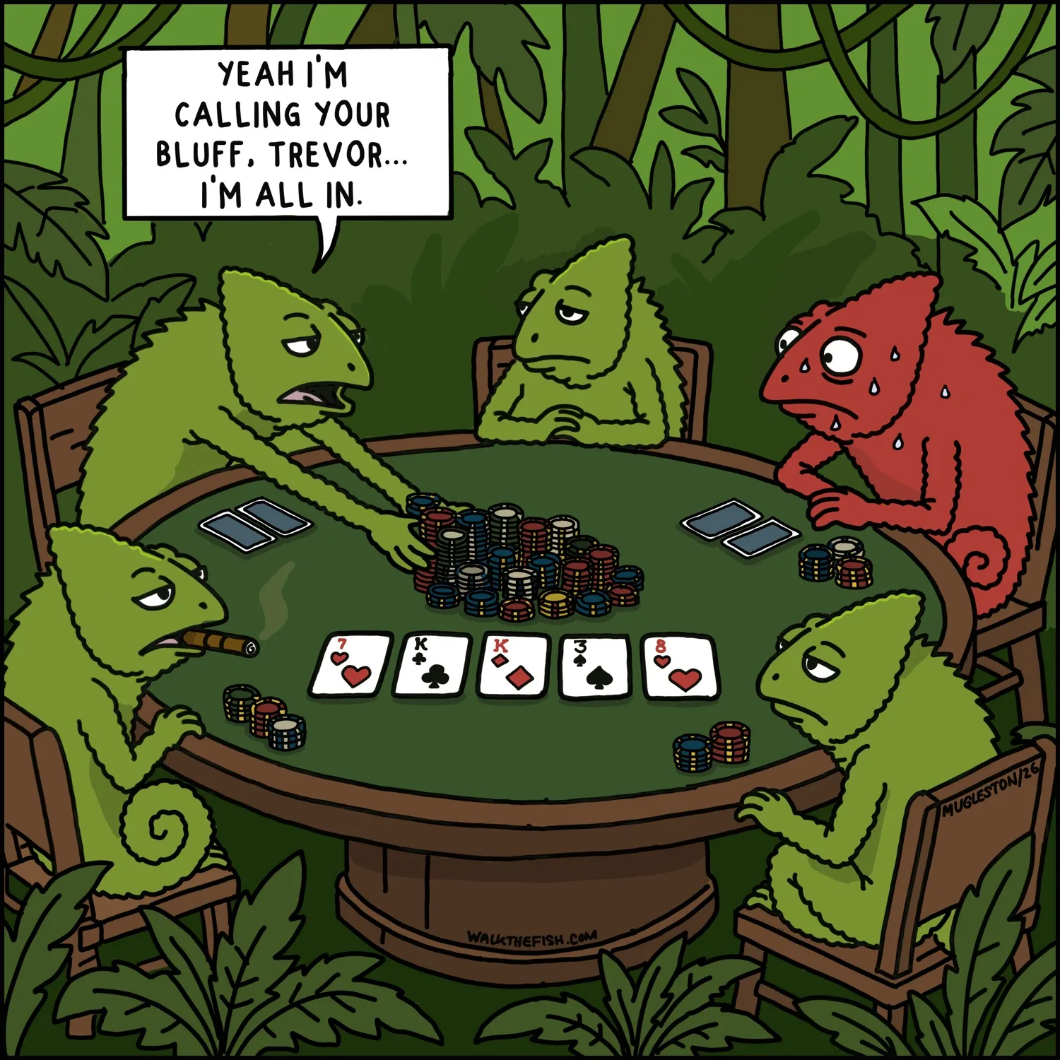 Walk the Fish Comic #3: Chameleon Poker. A poker game among chameleons delivers a joke about bluffing and blending in.