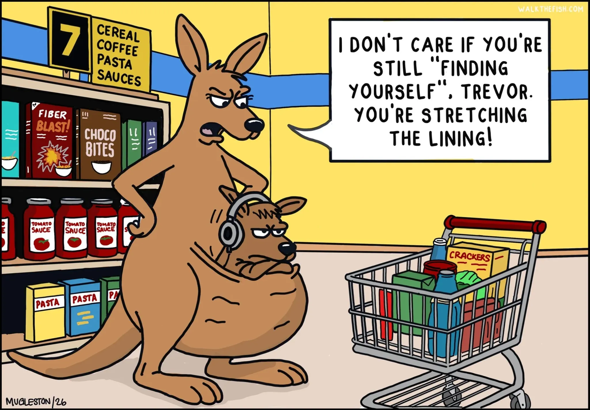 Walk the Fish Comic #5: Kangaroo Shopping. A kangaroo parent loses patience during a supermarket trip.