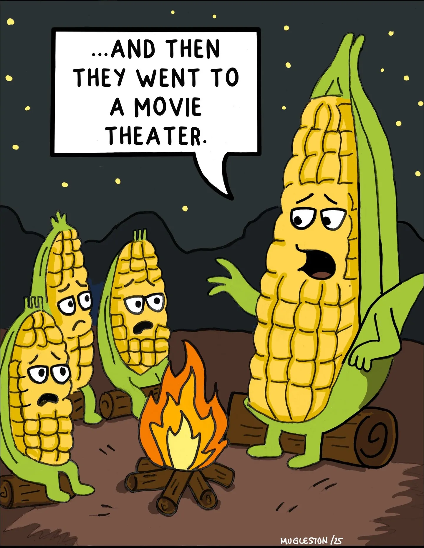 Walk the Fish Comic #6: Corn Goes to the Movies. Personified corn turns an ordinary story into a surreal punchline.