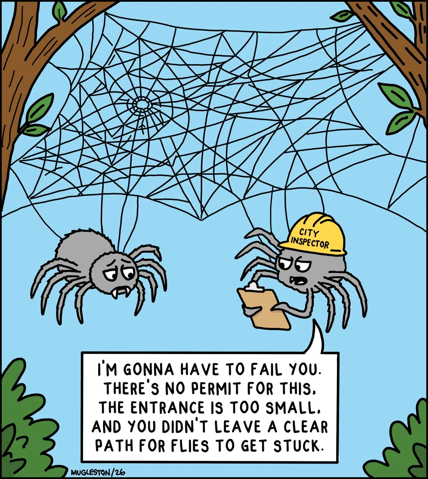 Walk the Fish Comic #7: Spider Web Inspection. A spider inspector applies city regulations to a web.