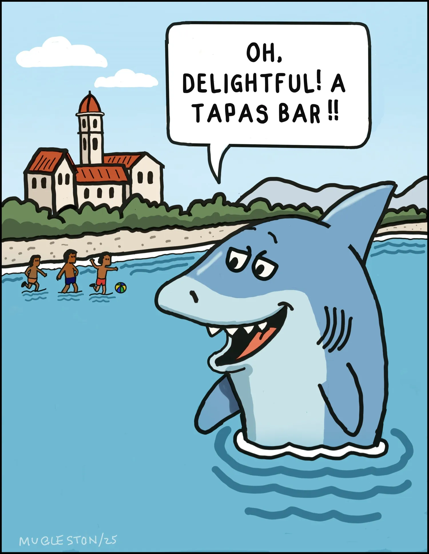 Walk the Fish Comic #8: Shark Finds a Tapas Bar. A shark spots a tapas bar near the beach.