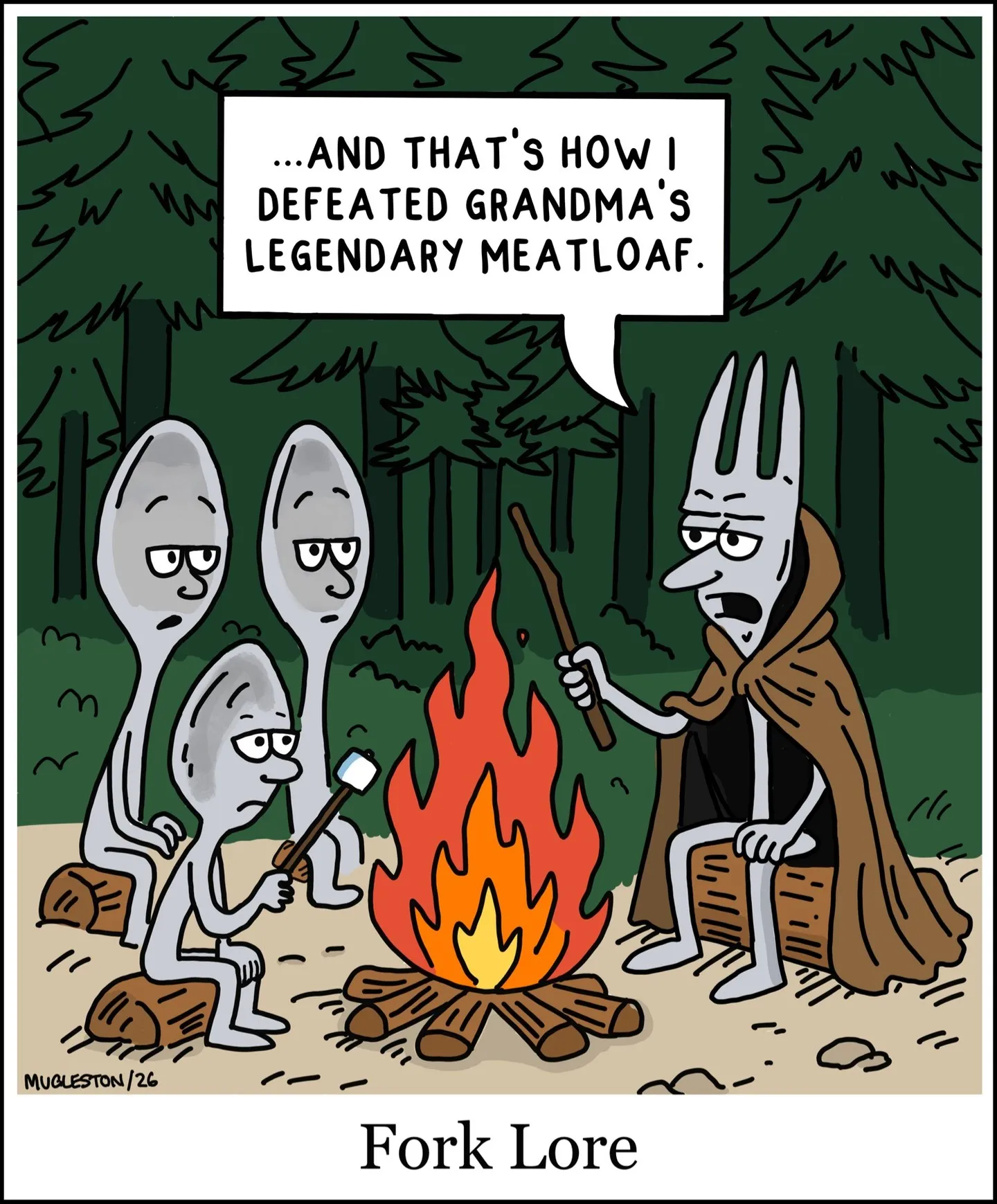 Walk the Fish Comic #10: Fork Lore. A fork tells an epic campfire story to a group of spoons.