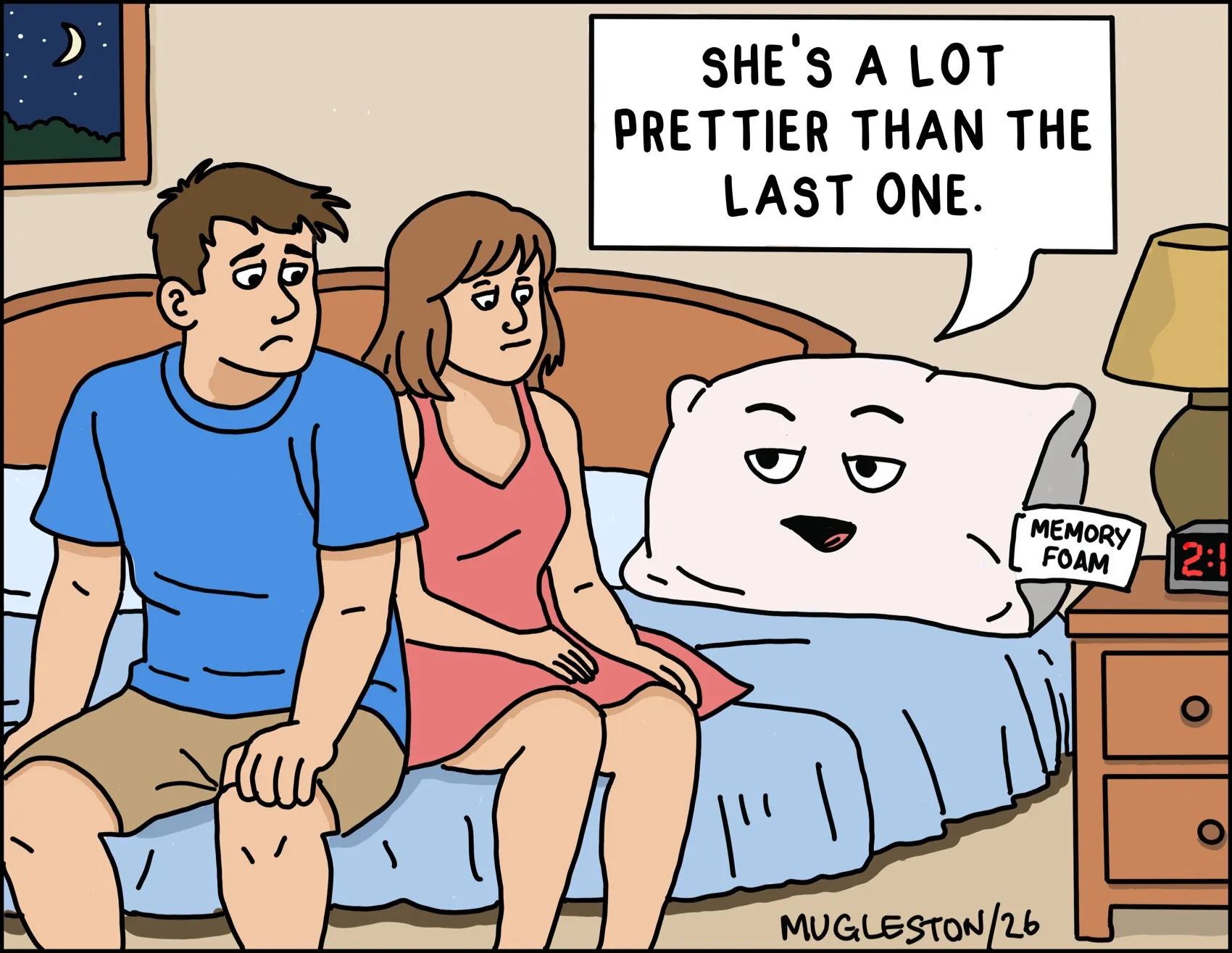Walk the Fish Comic #11: Memory Foam Pillow. A memory foam pillow offers an awkward opinion about a couple's relationship.