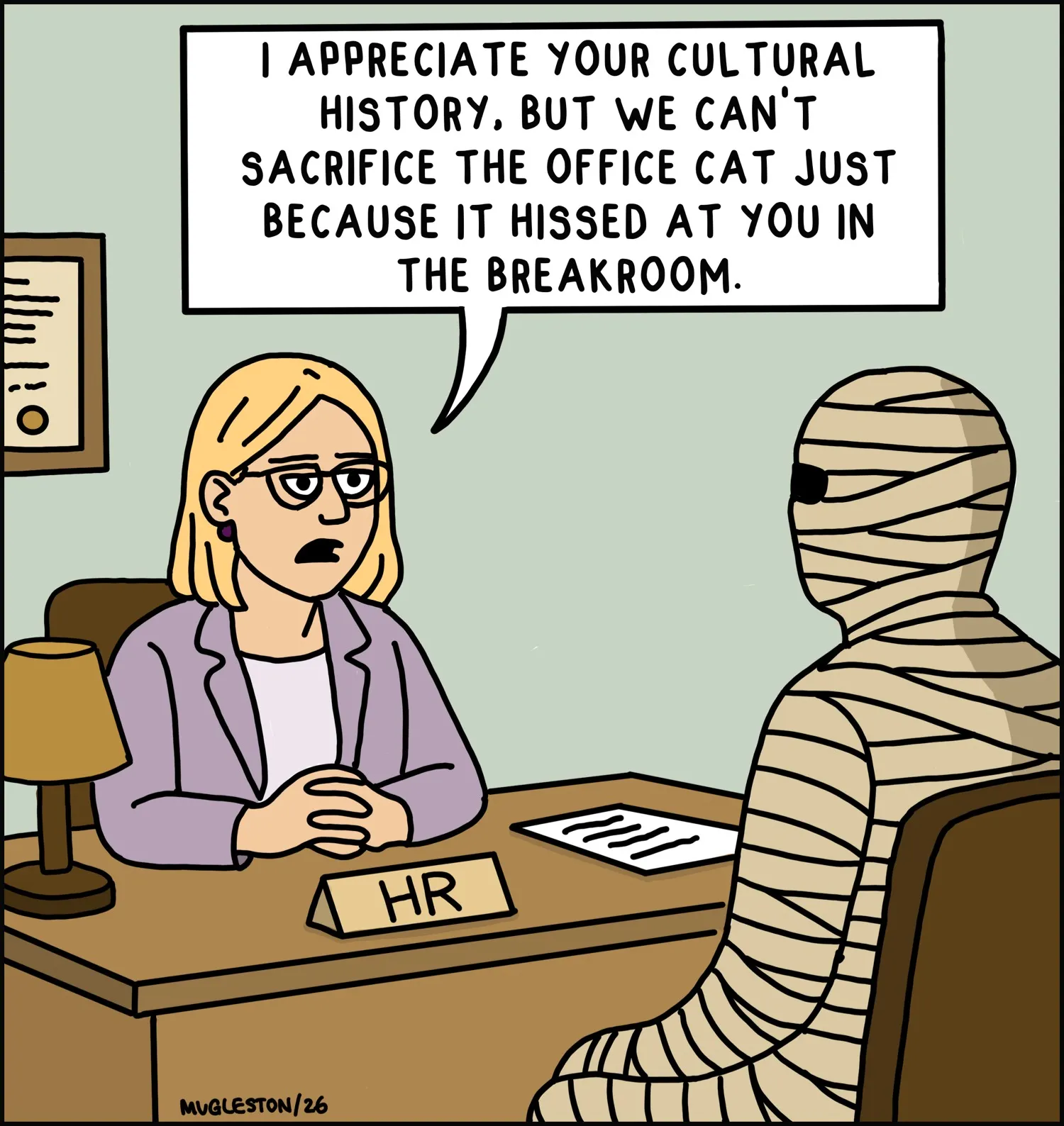 Walk the Fish Comic #12: HR and the Mummy. Human resources handles an unusual supernatural workplace dispute.