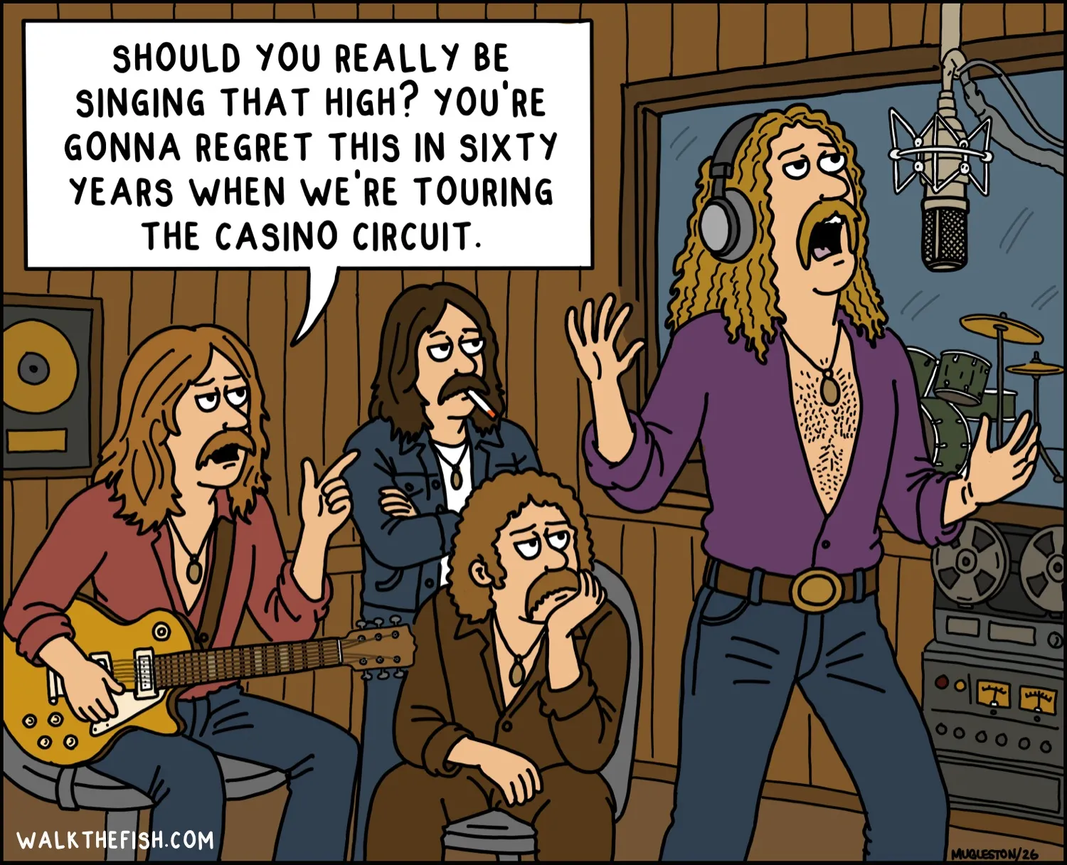 Walk the Fish Comic #13: Rock Band in the Studio. A rock band considers the long-term consequences of a high note.