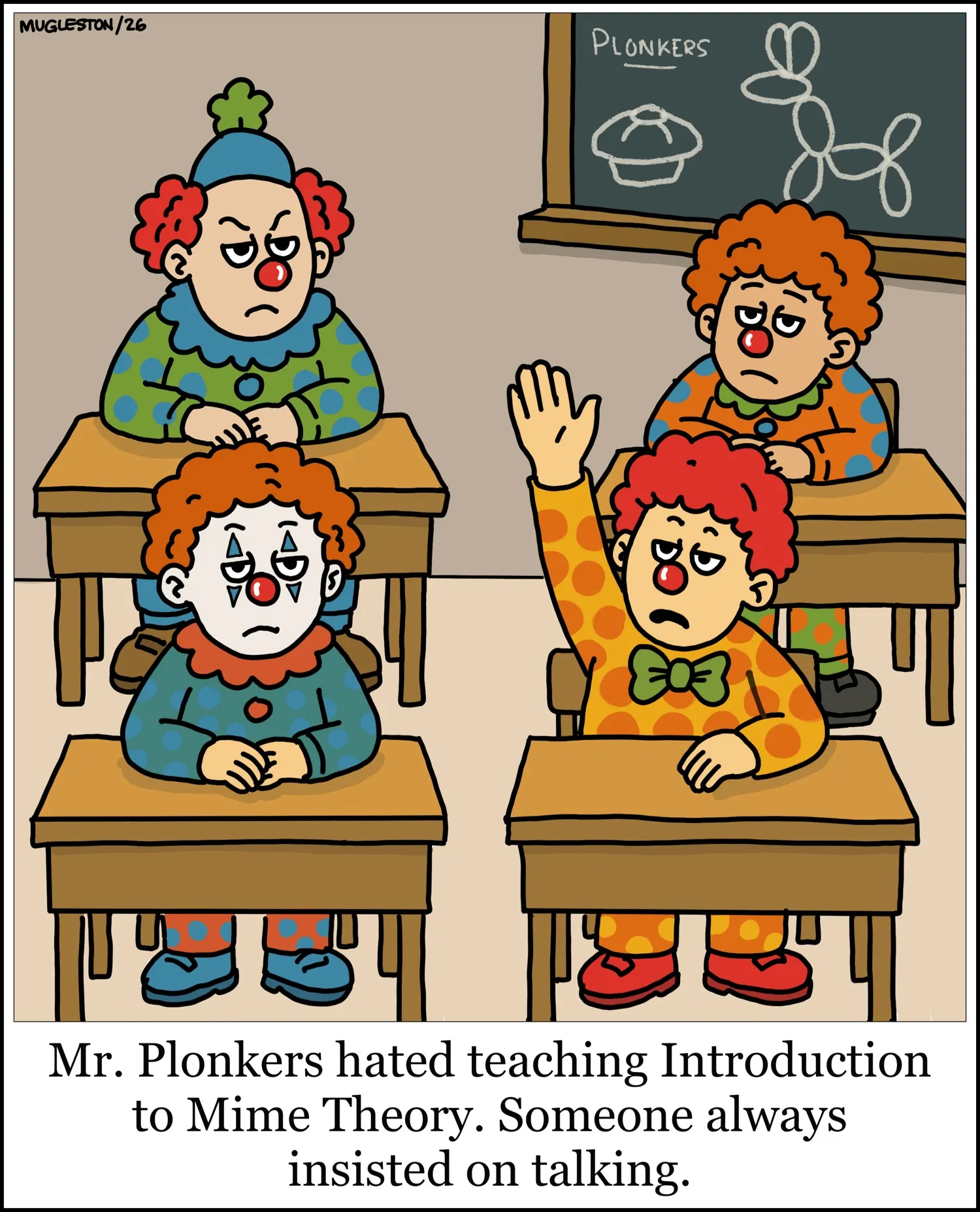 Walk the Fish Comic #14: Introduction to Mime Theory. Clowns sit through an unexpectedly literal classroom lesson.