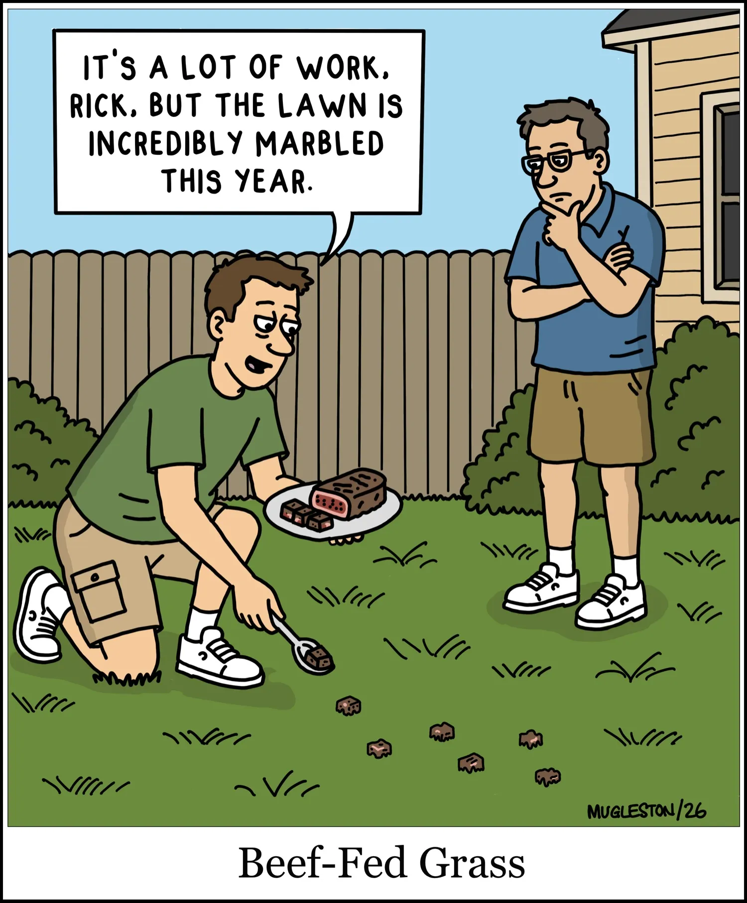Walk the Fish Comic #15: Beef-Fed Grass. A lawn-care conversation takes an absurd turn.