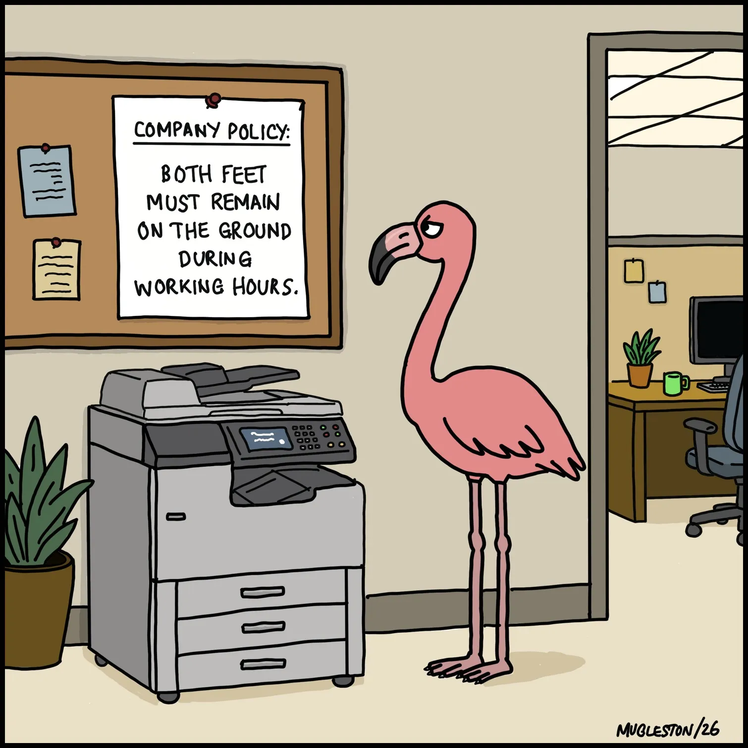 Walk the Fish Comic #16: Flamingo Office Policy. A workplace rule seems written for one very specific employee.