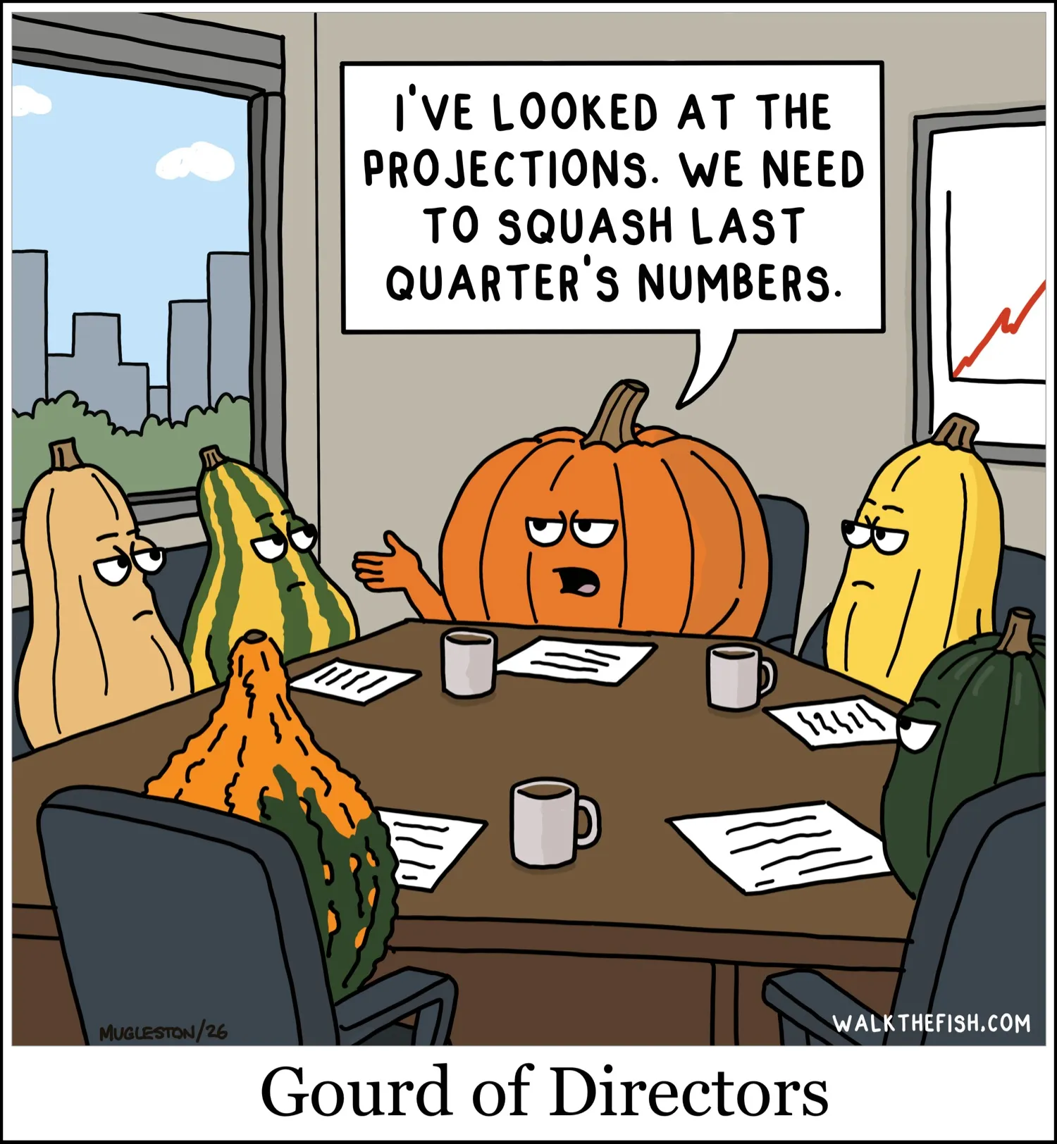 Walk the Fish Comic #18: Gourd of Directors. A pumpkin executive brings vegetable wordplay to a board meeting.