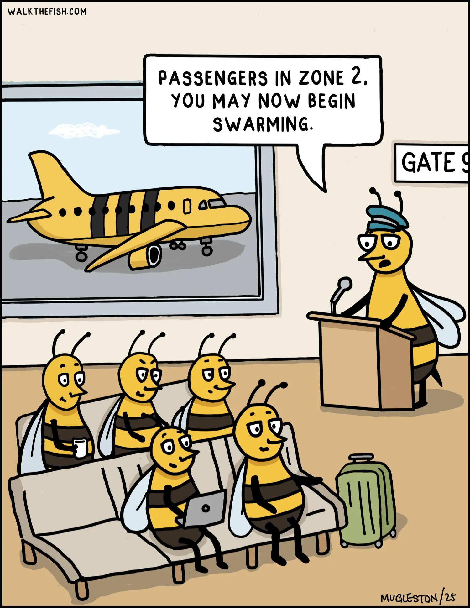 Walk the Fish Comic #19: Airport Bee Swarm. Airport boarding instructions take on a hive-minded meaning.