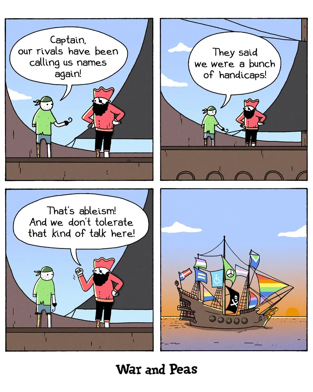 War and Peas comic showing a pirate captain defending his crew against an insult before a ship covered in flags.