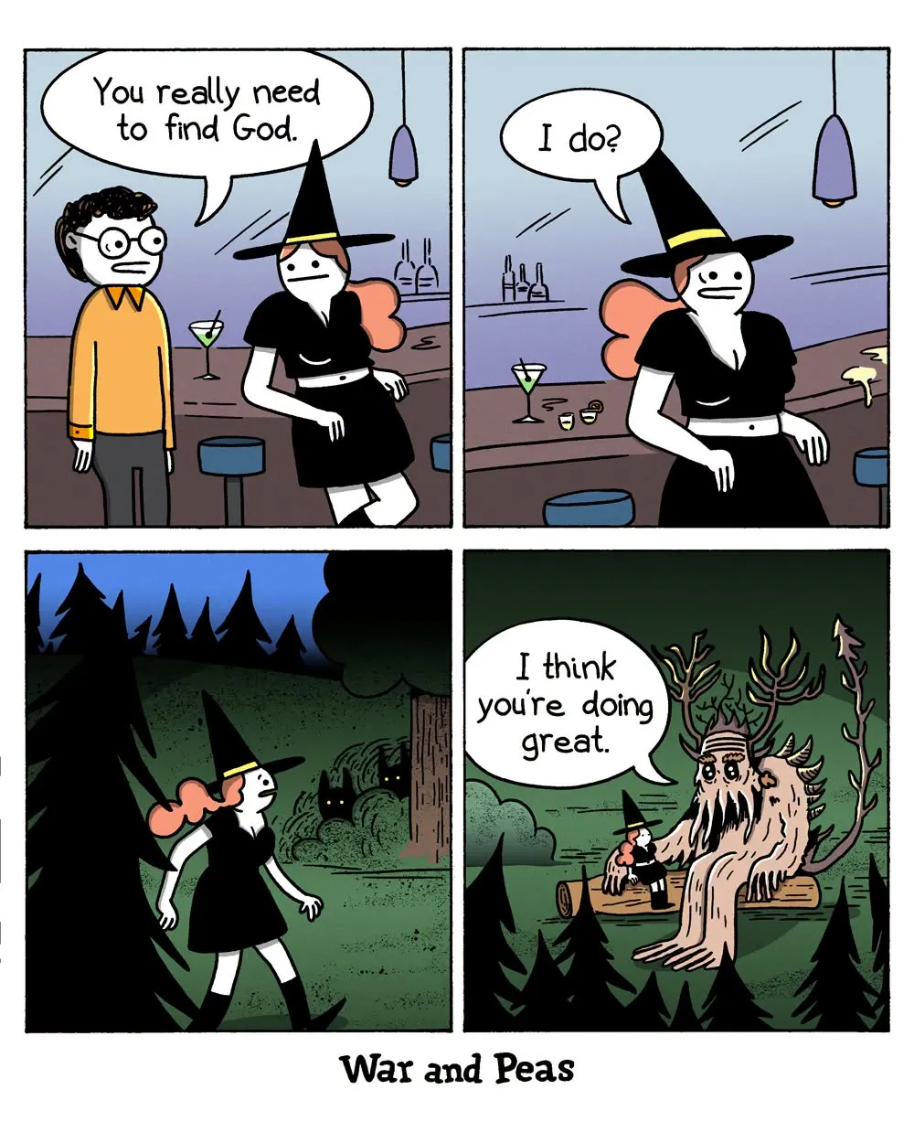 A man with round glasses tells a red-haired witch she should find God; the next panels show her in a dark forest with a horned spirit.