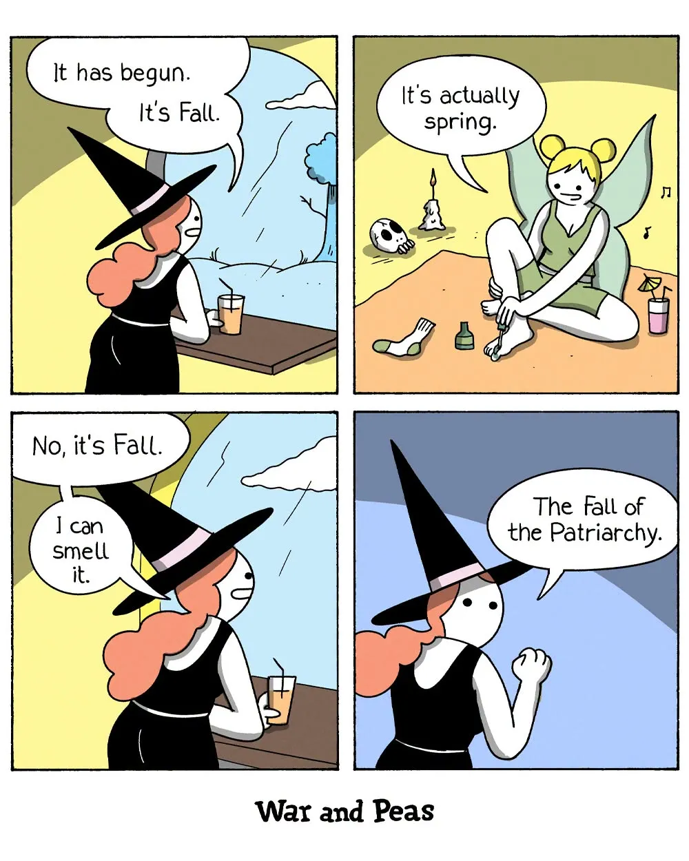 A witch insists fall has arrived, a fairy says it is spring, and the witch declares the fall of the patriarchy.