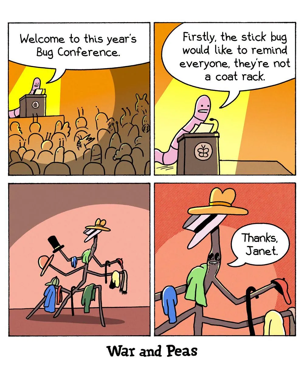 A pink stick insect speaks at a bug conference about not being a coat rack, then an insect thanks Janet while clothes hang from them.
