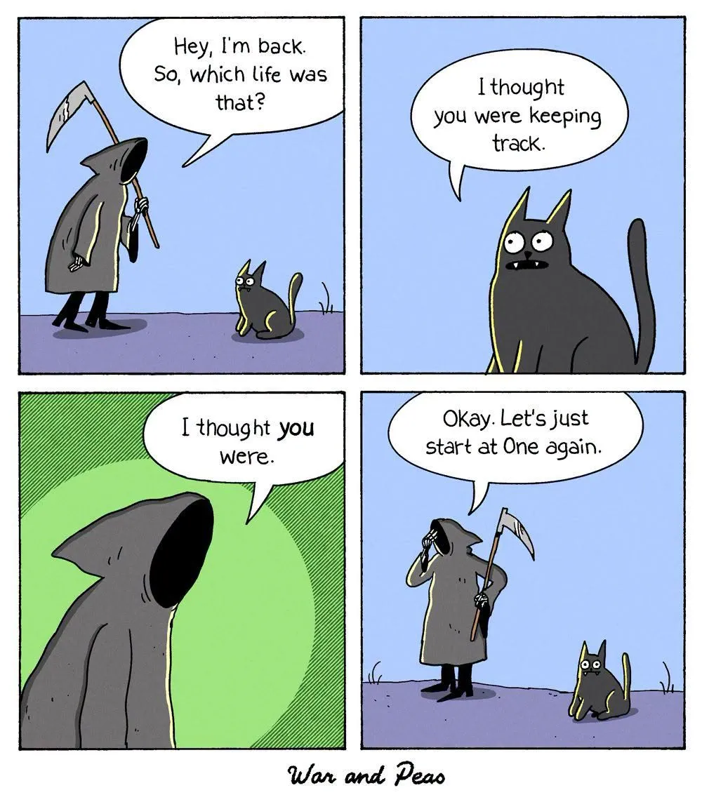 A hooded Grim Reaper with a scythe talks with a black cat on a plain blue-purple ground.