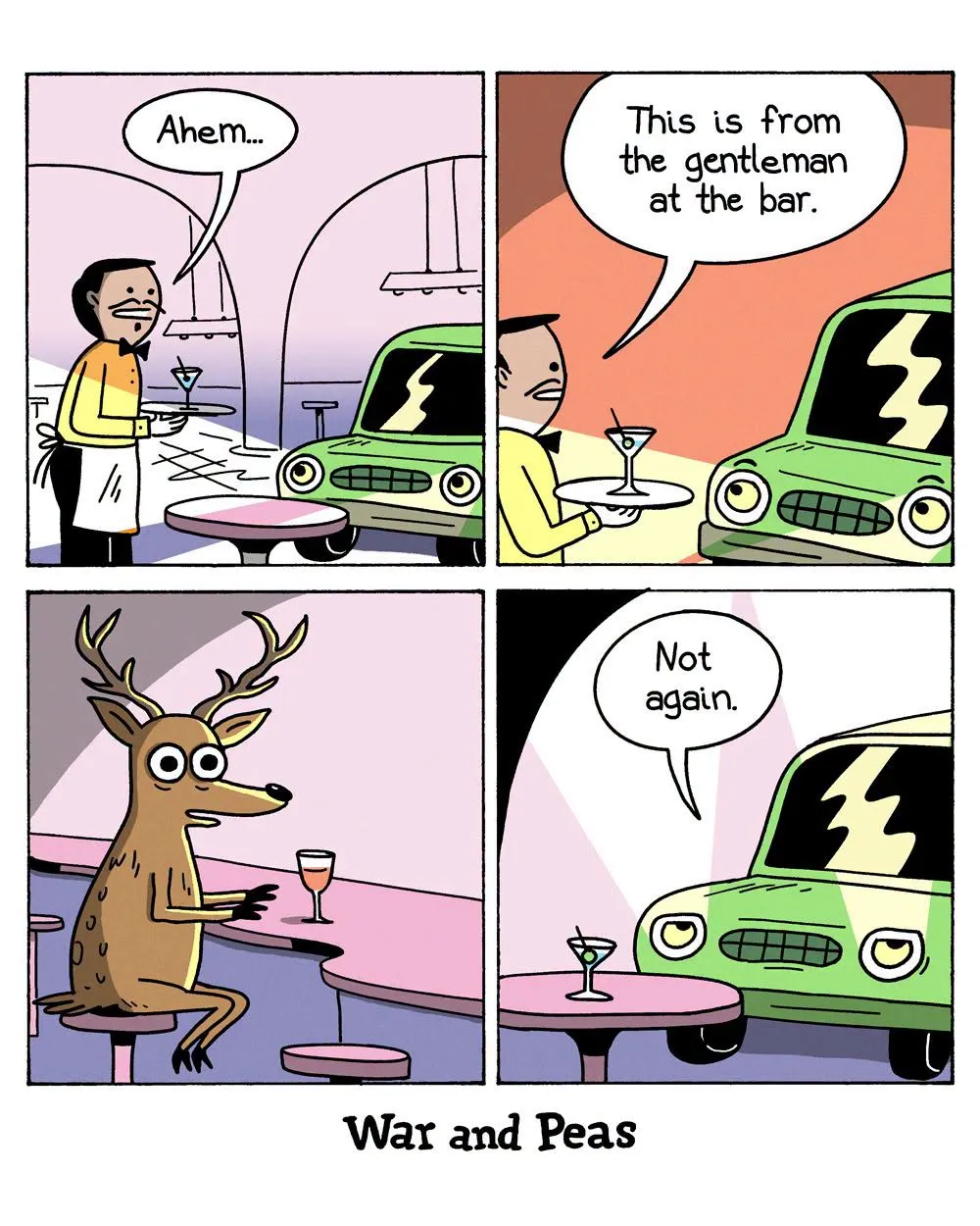A waiter offers a martini beside a green lightning-bolt car while a deer sits at a cafe table.