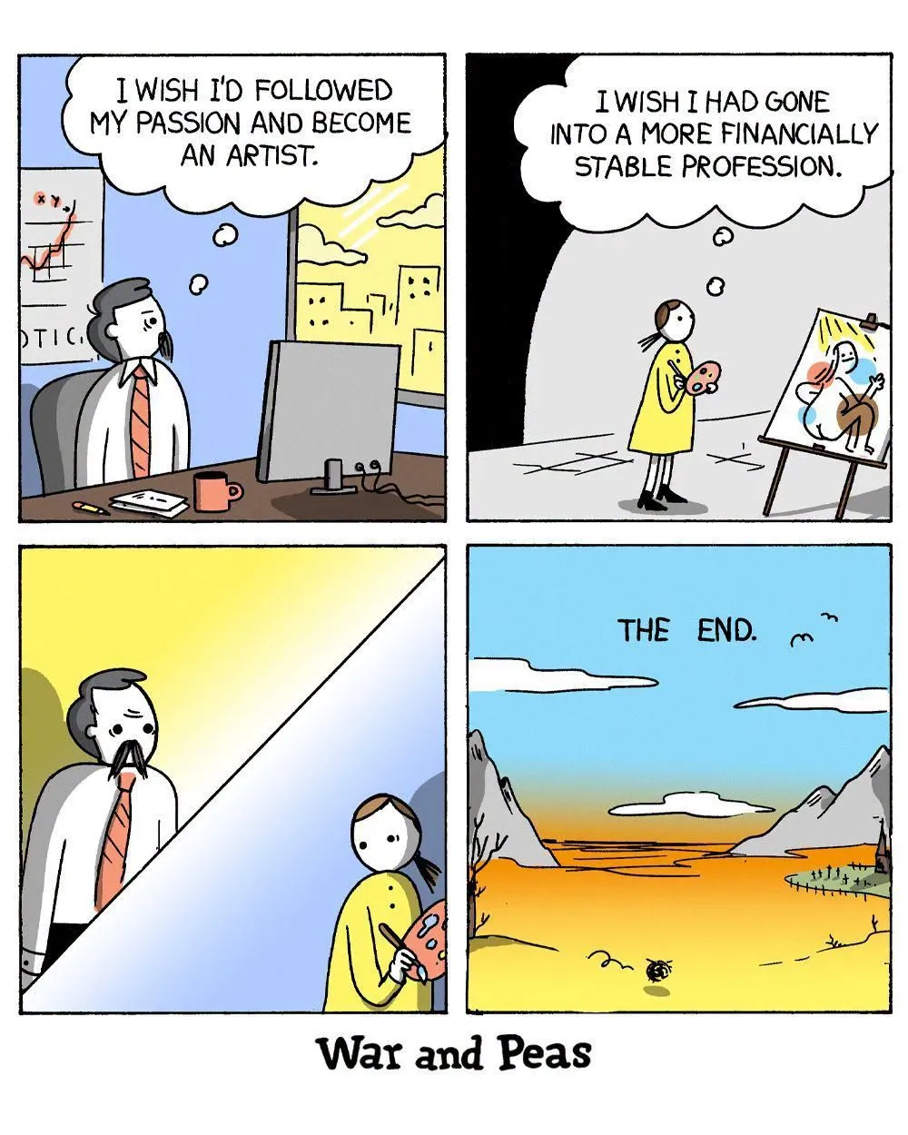 Two people imagine regretting an art career or a financially stable job, followed by a wide empty desert landscape.