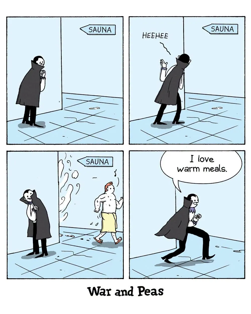 A cartoon vampire in a black cape waits beside a doorway marked SAUNA in a tiled hallway.