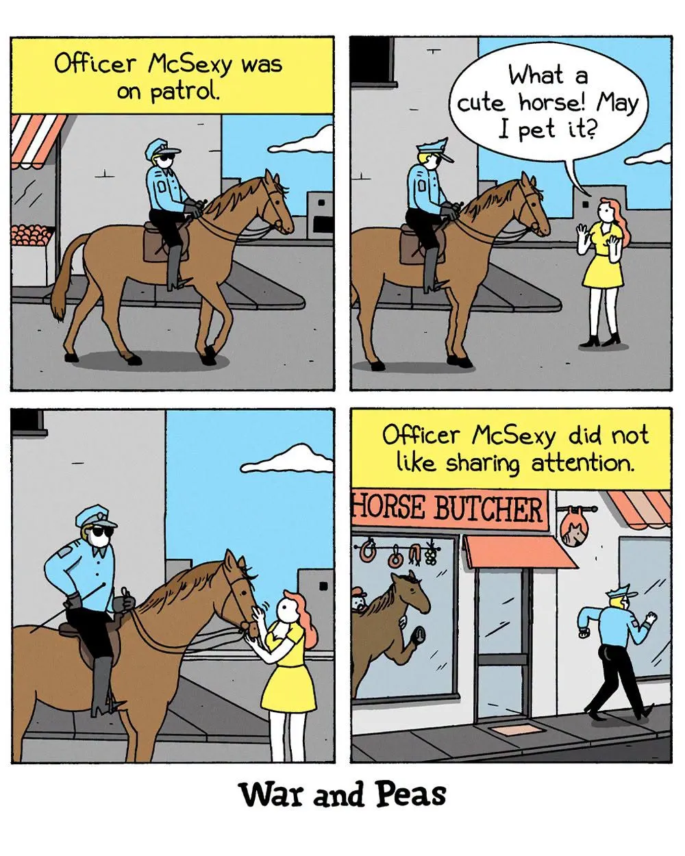 A mounted police officer watches as a woman admires his brown horse, then walks away from a horse butcher shop.