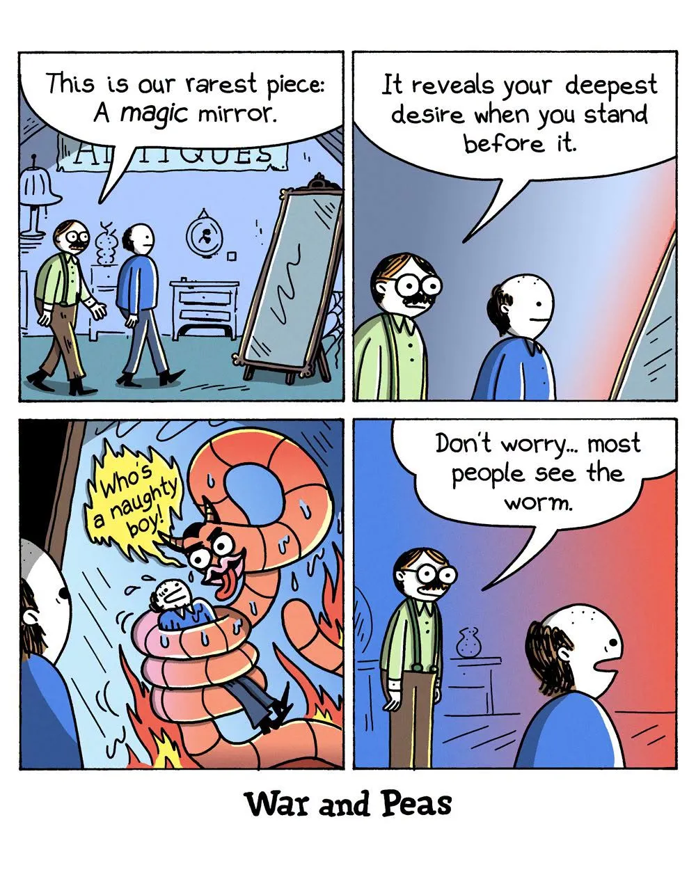 An antiques seller describes a magic mirror that reveals deep desires; a man sees himself trapped by an enormous talking shrimp.