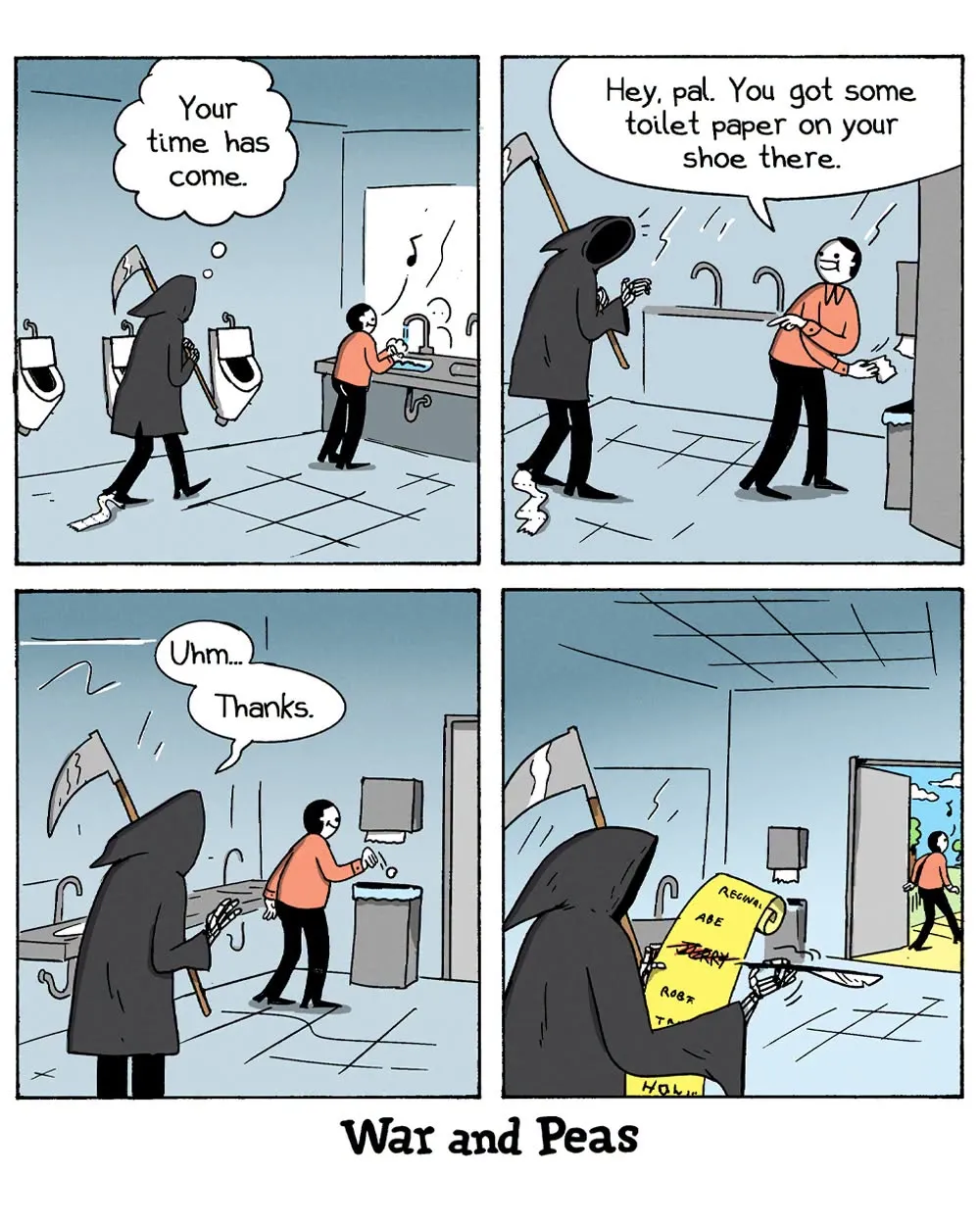 A hooded Grim Reaper notices toilet paper stuck to a man's shoe and checks a list after the man leaves.