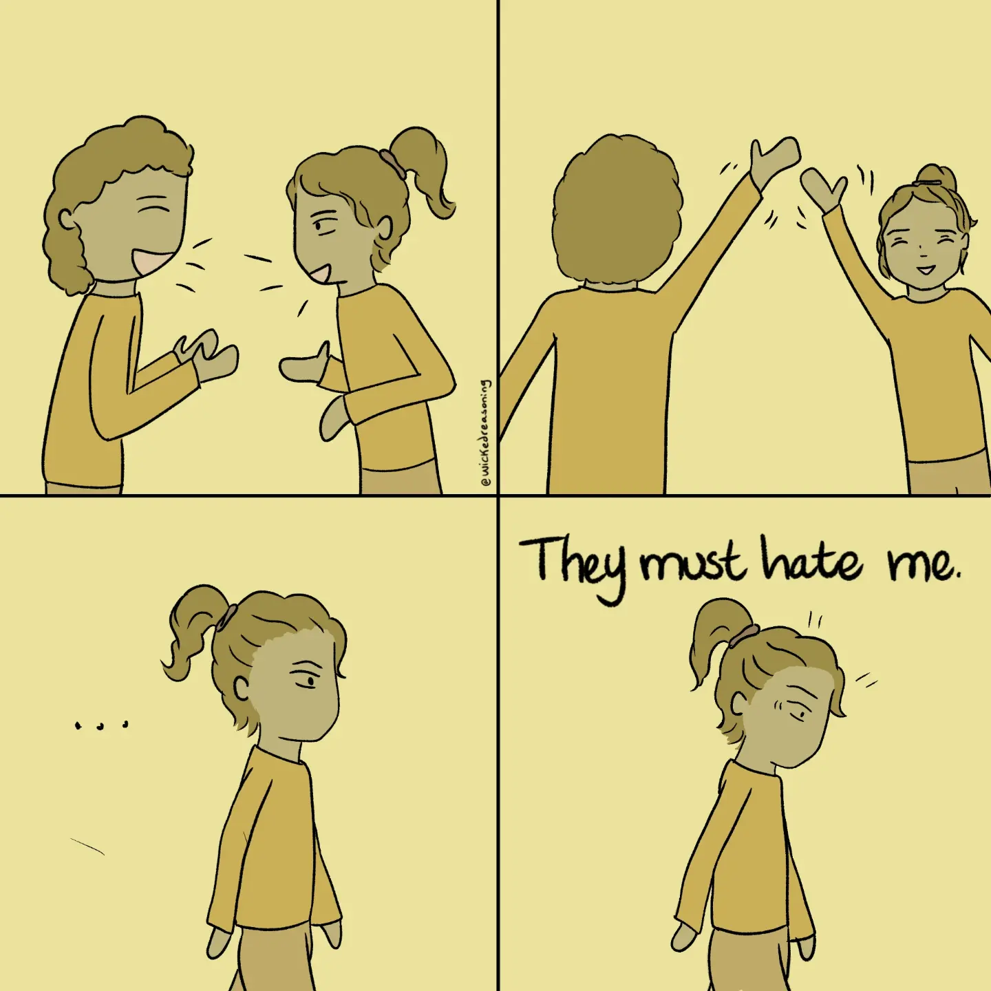 Two cartoon friends talk and high-five; one later walks away thinking they must hate her.
