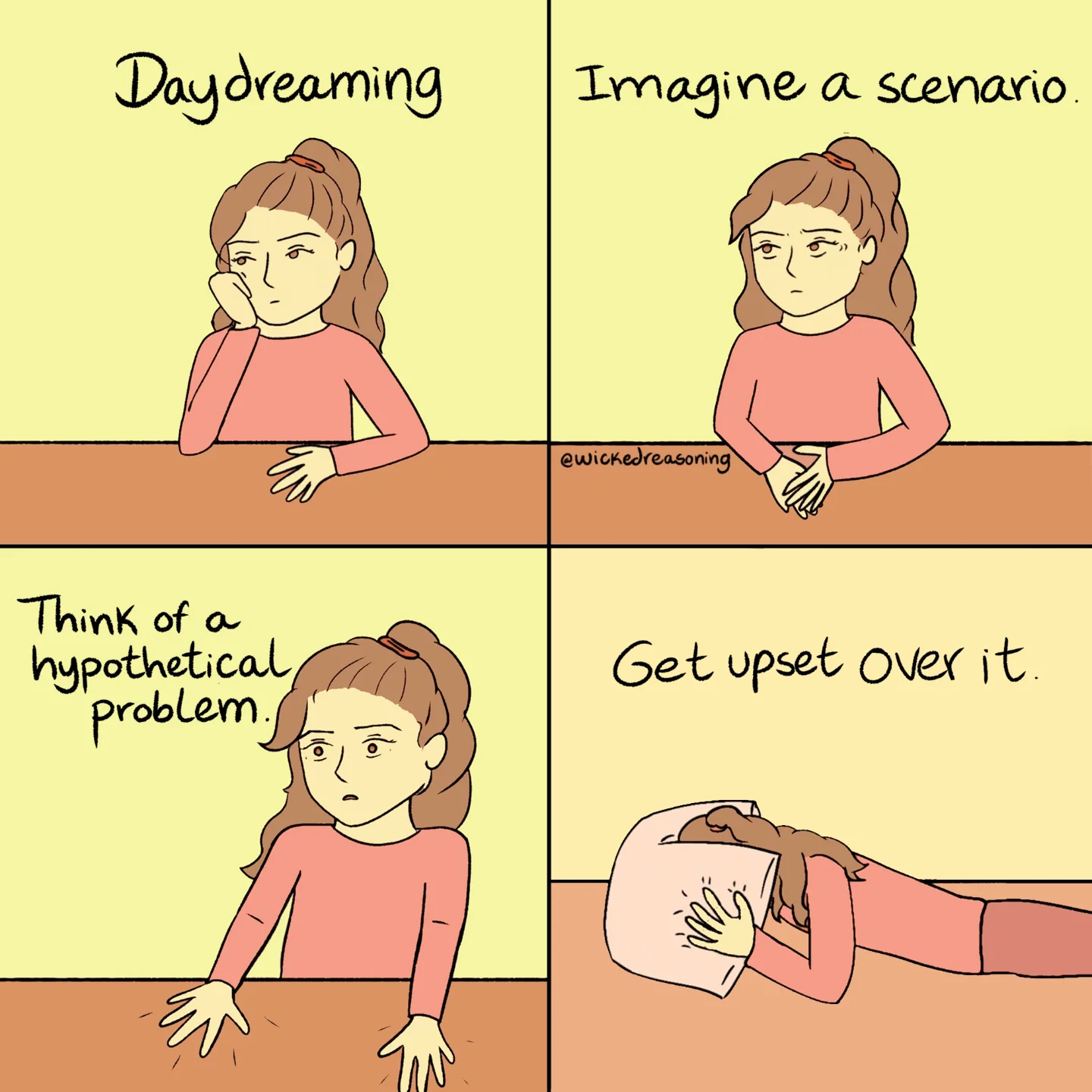 A woman daydreams through an imagined problem, becomes upset by it, and collapses onto a table.