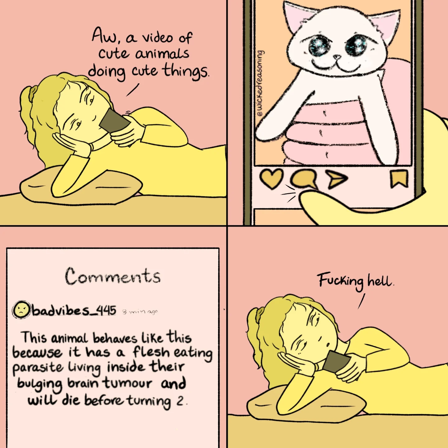 A woman enjoys a cute animal video on her phone, then reacts to a disturbing comment beneath it.