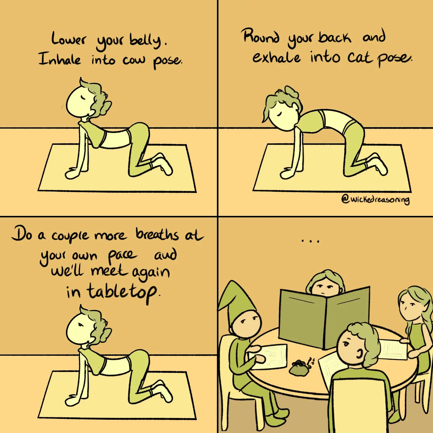 A person demonstrates cow and cat yoga poses before the comic cuts to a tabletop role-playing game.