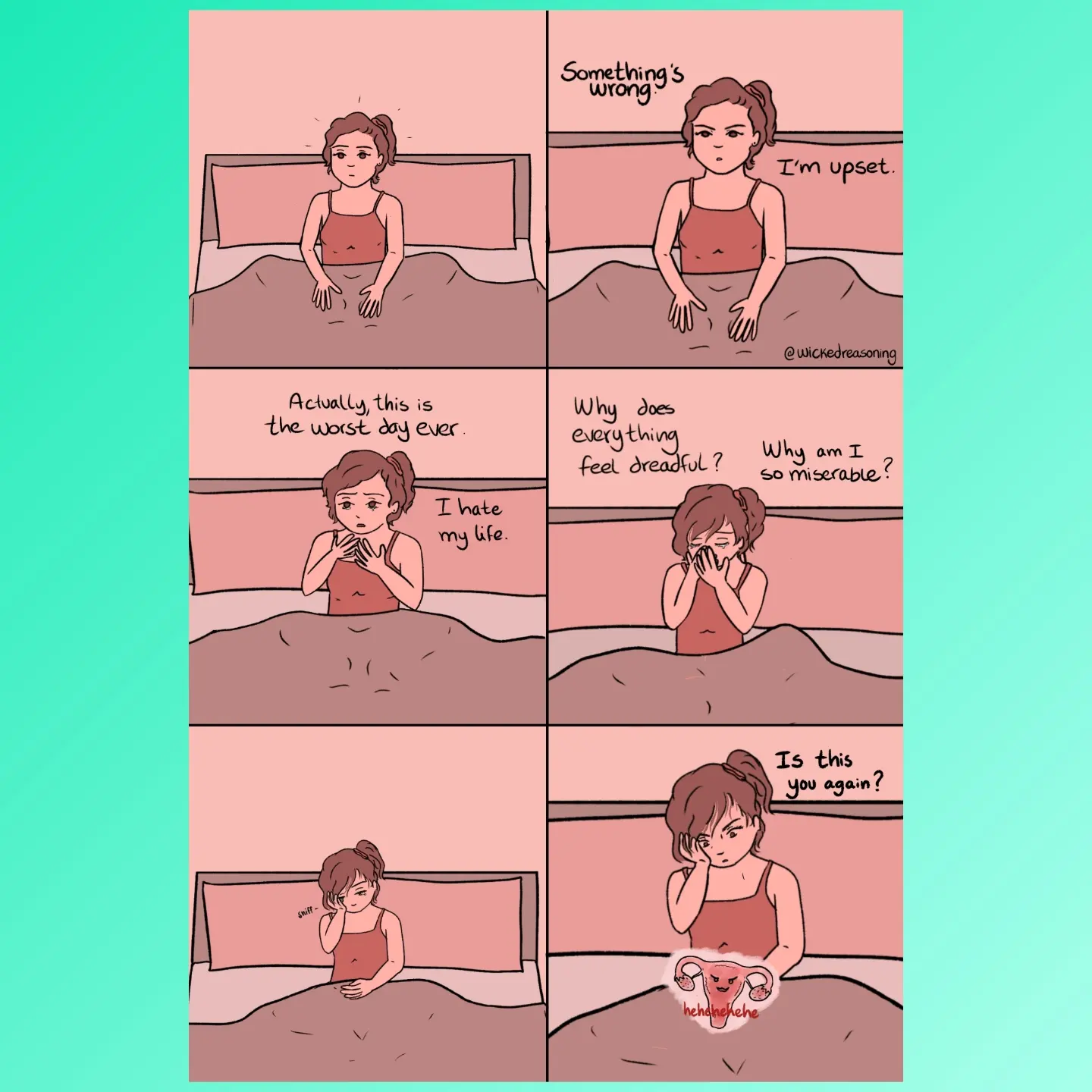 A woman in bed experiences escalating distress before a final panel depicts her uterus as a mischievous character.