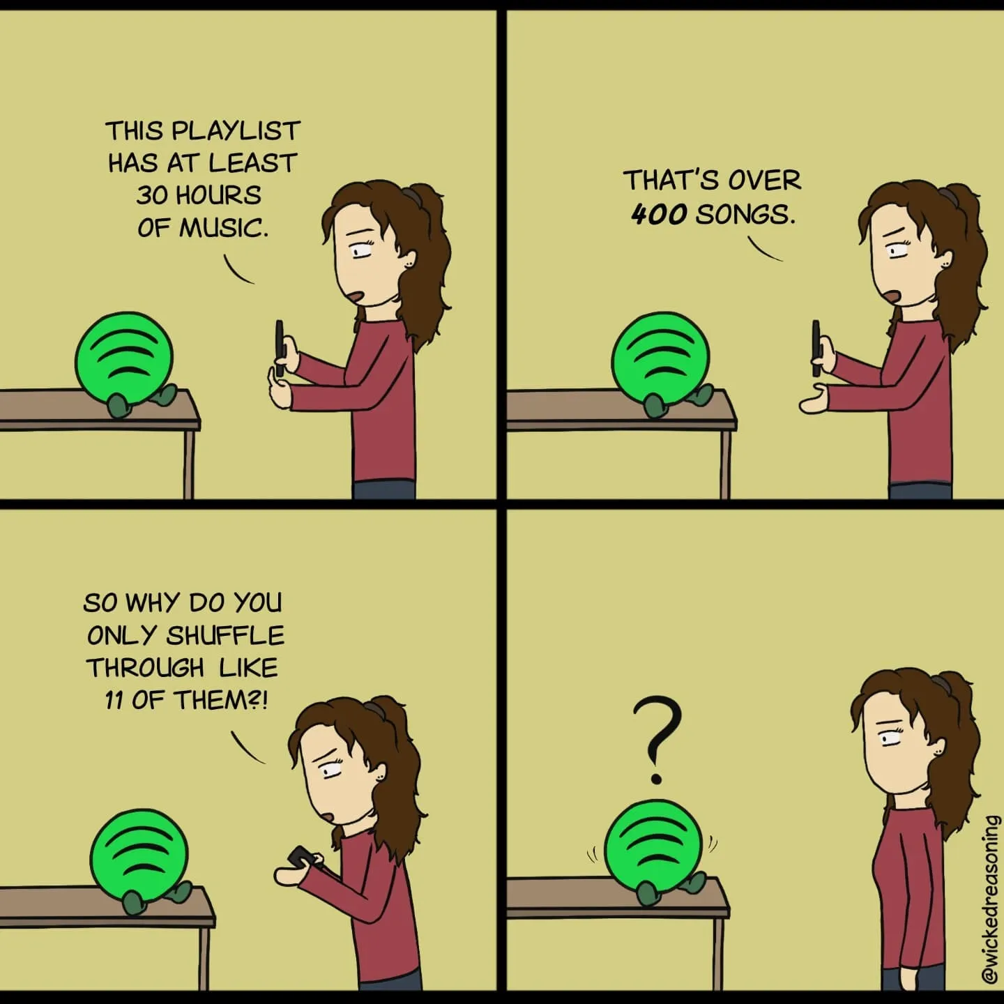 A woman questions why she shuffles only 11 tracks from a playlist containing more than 400 songs.