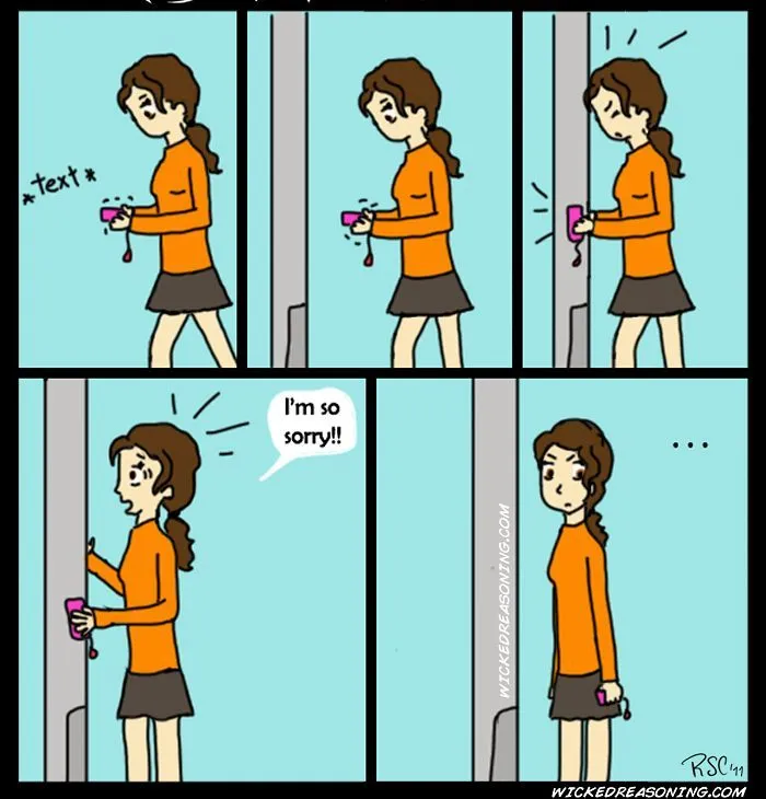 A woman walking with a phone is interrupted when a door opens, then apologizes and looks awkward.