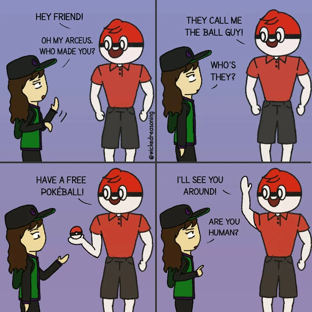 A Pokémon trainer meets the muscular Ball Guy mascot, accepts a free Poké Ball, and questions whether he is human.