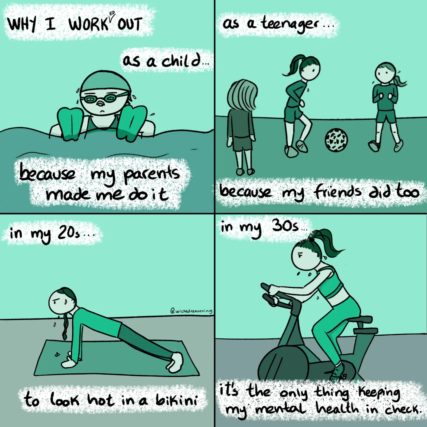Four life stages show different reasons for exercising, ending with a woman in her thirties working out for mental health.