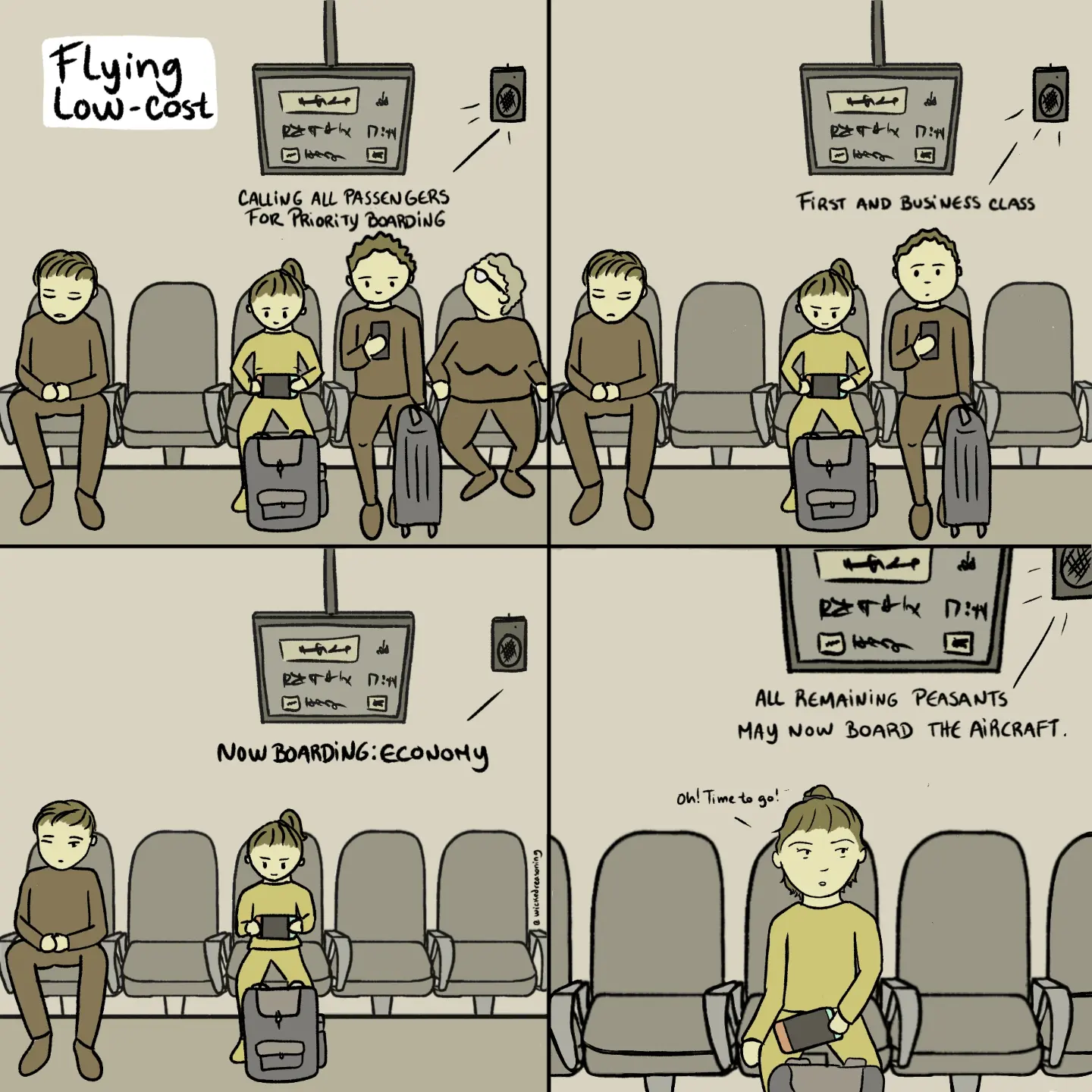 An airport boarding announcement gives priority to first and business class, then economy, leaving one passenger waiting.