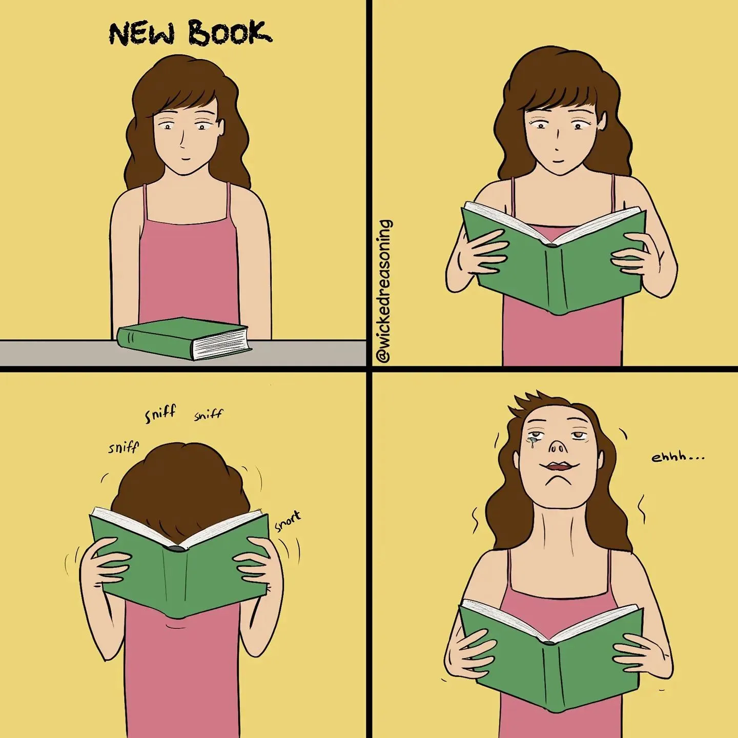 A woman opens a new book and sniffs its pages, then pulls back with an awkward expression.
