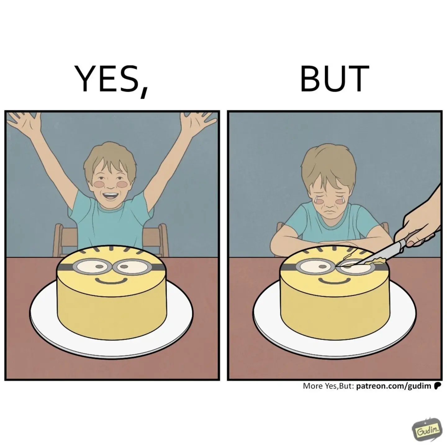 Two-panel Yes, But comic: a child celebrates a smiling cake before an adult cuts into it, making the cake look distressed.