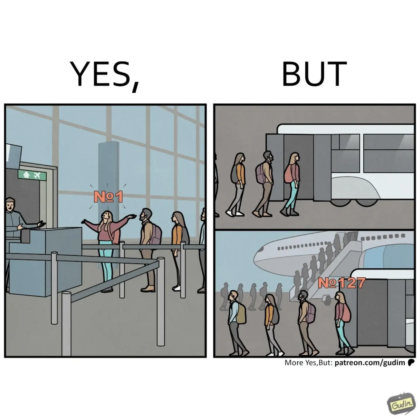 Two-panel Yes, But comic at an airport: one traveler celebrates being first in line, while the next panel shows a much longer queue to board the plane.