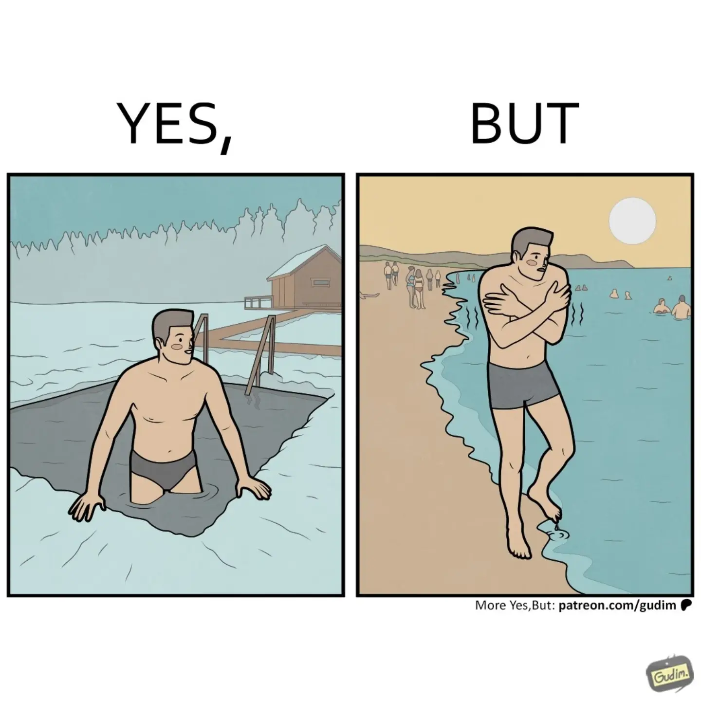 Two-panel Yes, But comic shows a man bathing in an icy outdoor pool, then shivering at the edge of a sunny beach.
