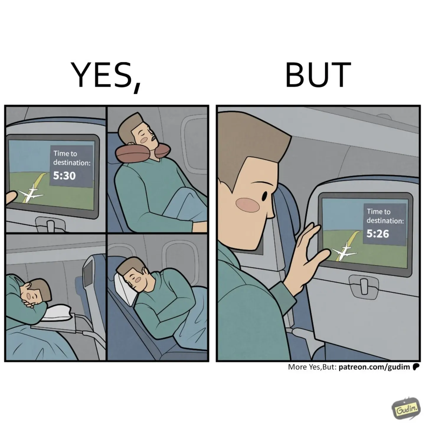 Two-panel Yes, But comic: a traveler sleeps in different positions on an airplane, then checks the screen and sees the flight time has moved from 5:30 to 5:26.
