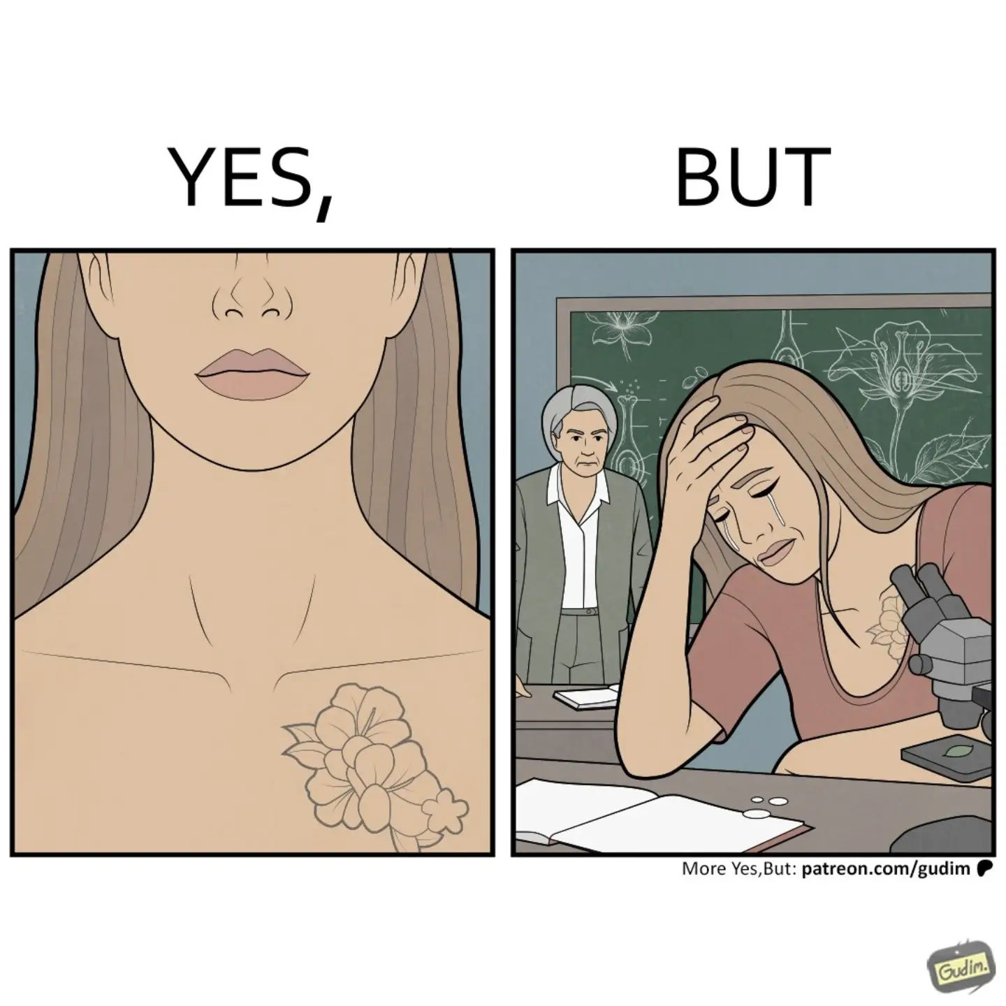 Two-panel Yes, But comic shows a close-up of a woman's chest tattoo, then the woman crying in a classroom while an older teacher stands nearby.